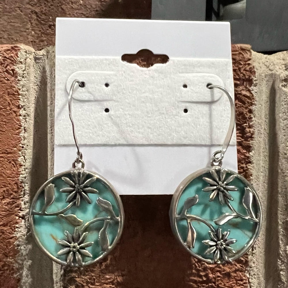 Silver Turquoise Dangle Earrings; TQ Disk Drop Earrings